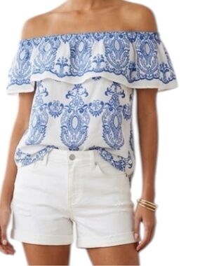 Finley 100% Cotton Embroidered White Off-Shoulder Top with Blue Paisley Print